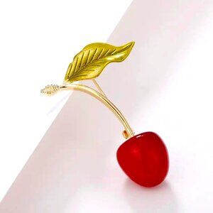 Cherry Brooch Red Pin Sexy Sweet Bomb Gold Tone Fruit Leaf Coat Lapel Trendy NEW